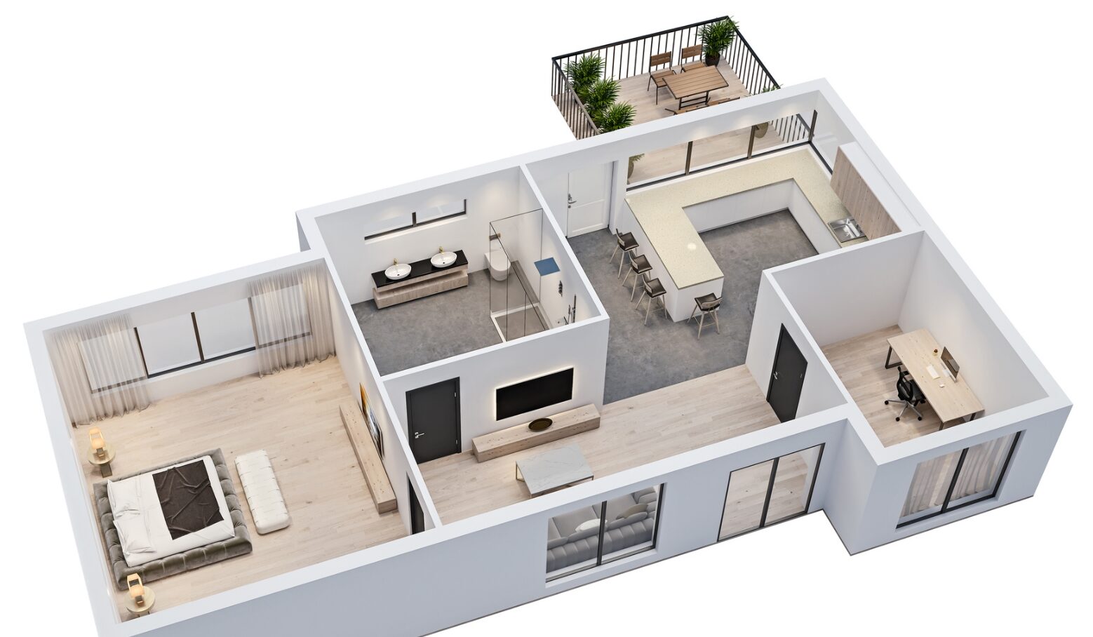 Grundriss eines möblierten Hauses, um die Sicherheitstechnik der Smart Home Lösung aufzuzeigen